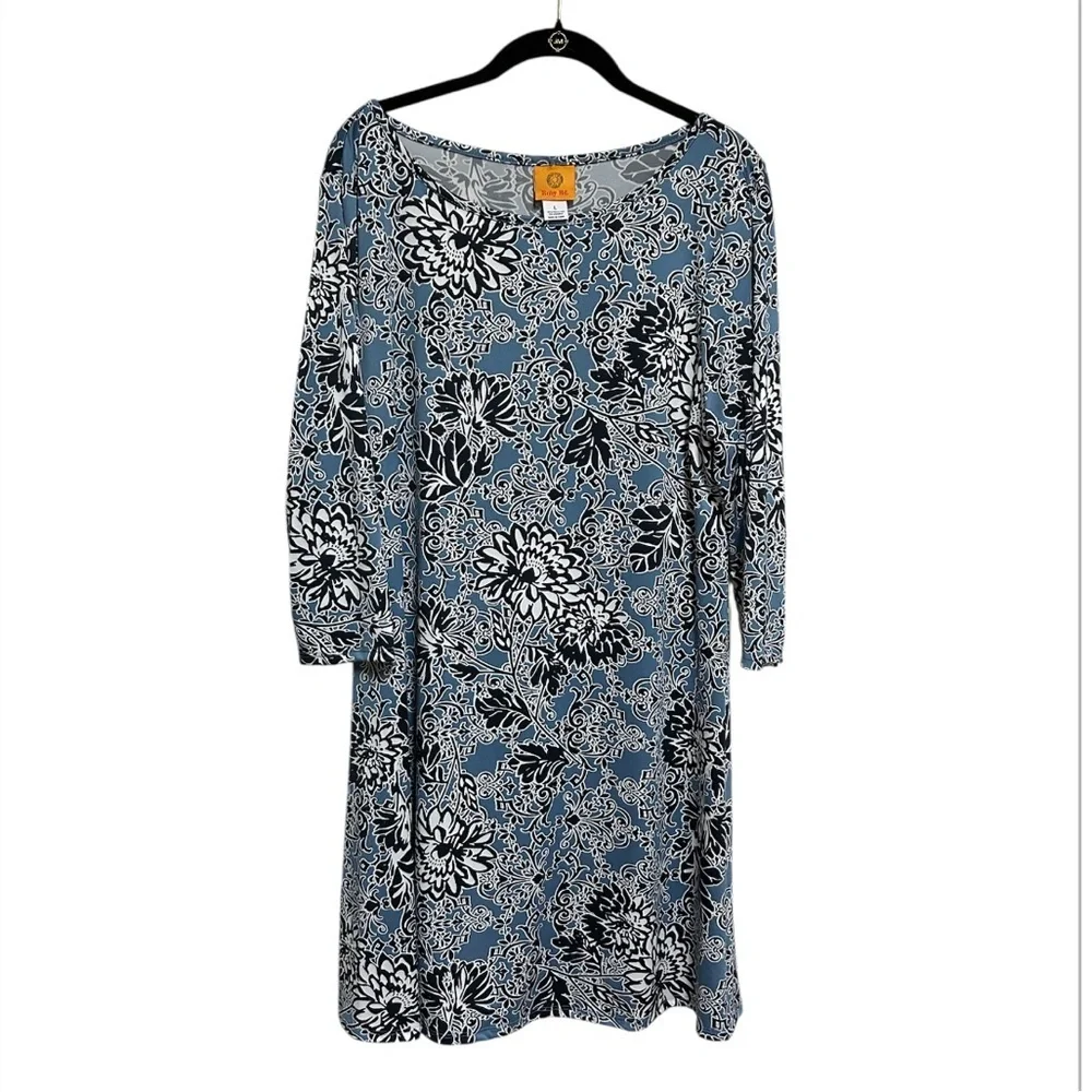 Ruby Rd Dress Size Large Blue Floral Print Long Sleeve Casual NWT